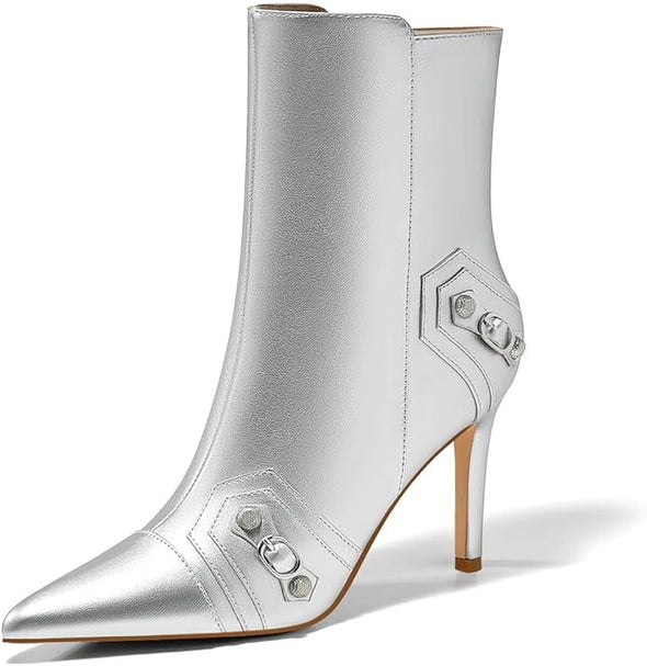 Womens High Heel Ankle Boots Pointed Toe Sexy Stiletto Buckle Decor Zipper Booties Fall Winter Shoes