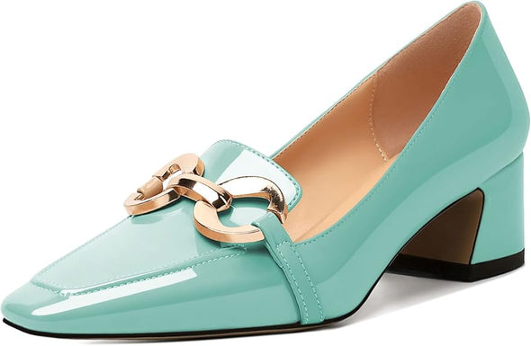 Womens Square Toe Block Heels Mid Chunky Heel Loafer Pumps Slip On Chain Dress Comfortable Prom Shoe