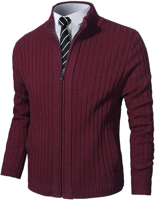 Men's Cardigan Sweaters Full Zip Up Stand Collar Slim Fit Casual Knitted Sweater with 2 Front Pockets