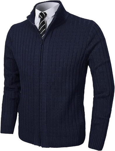 Men's Cardigan Sweaters Full Zip Up Stand Collar Slim Fit Casual Knitted Sweater with 2 Front Pockets