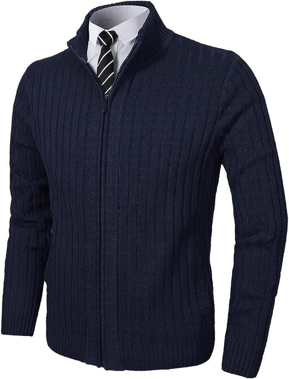 Men's Cardigan Sweaters Full Zip Up Stand Collar Slim Fit Casual Knitted Sweater with 2 Front Pockets