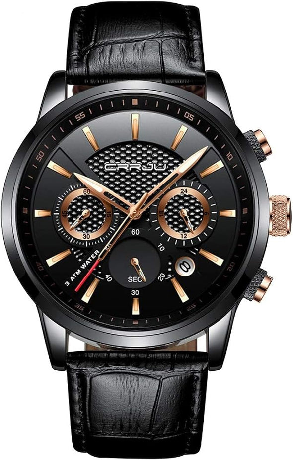 Men's Business Casual Chronograph Quartz Waterproof Wristwatch Black Leather Strap