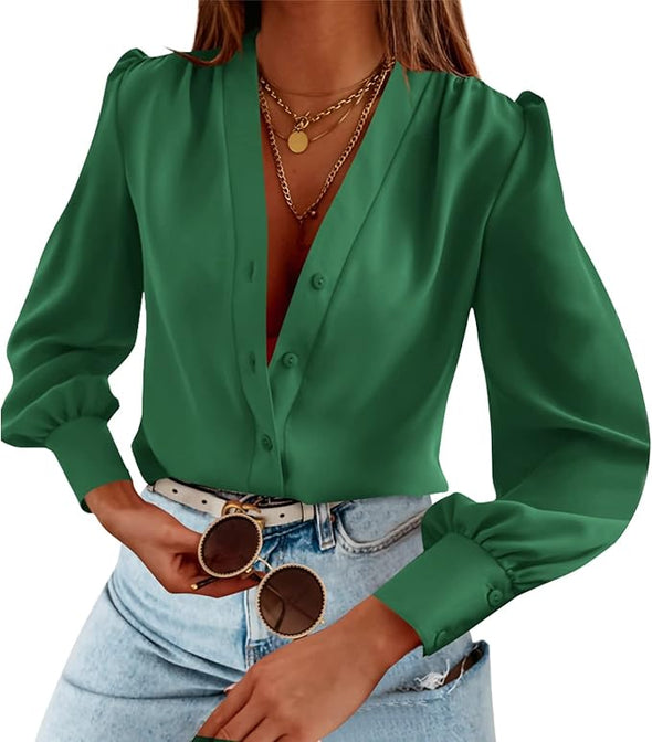 Women's Business Casual Tops Summer Long Sleeve Silk Button Down Shirts V Neck Chiffon Blouses…