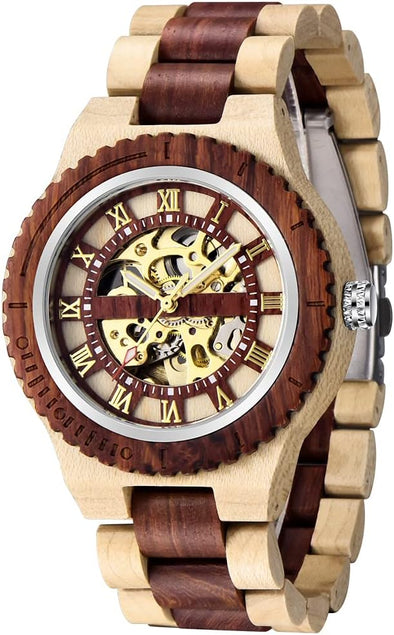 Men's Wooden Watch Skeleton Automatic Movement Wood Watch Self-Winding Watches for
