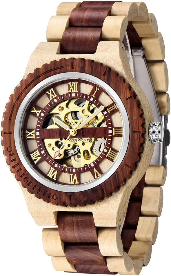 Men's Wooden Watch Skeleton Automatic Movement Wood Watch Self-Winding Watches for