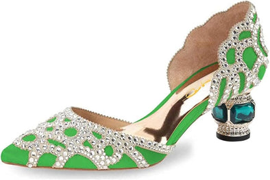 Women's Pumps, Elegant Pointed Toe, D'Orsay Crystal Chunky Low Heels 2 Inches, Rhinestone Studs, Slip-On Satin Shoes for Wedding