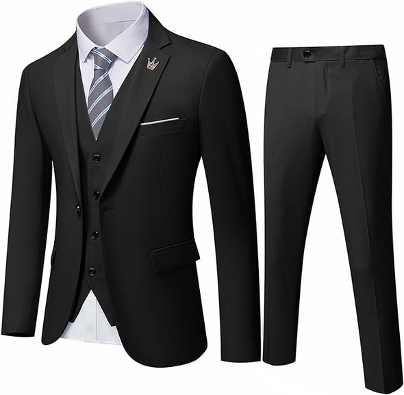 Men's 3 Piece Slim Fit Suit, One Button Jacket Blazer Vest Pants Set and Tie