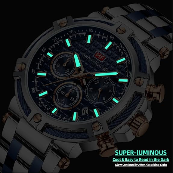 Business Men Watches (Chronograph/Waterproof/Luminous/Calendar/24 Hours) Big Face Stainless Steel Band Watches for Men