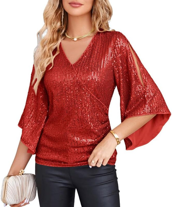 Womens Sequin Tops 3/4 Sleeve Glitter Sparkly Party Blouse V-Neck Dressy Tops for Evening Party