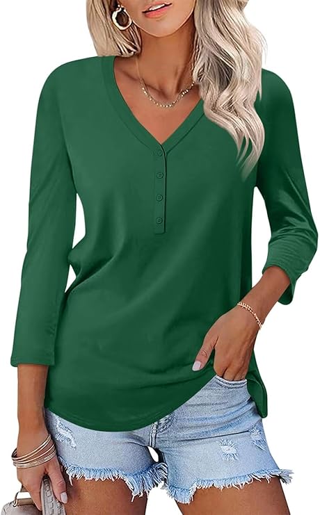 V Neck 3/4 Sleeve Tops Solid Shirts Casual Summer Tees