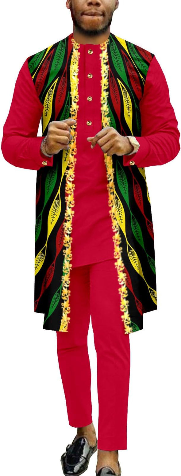 Men Single Breasted Embroidery Print Shirts and Pants 2 Piece Set Outfits