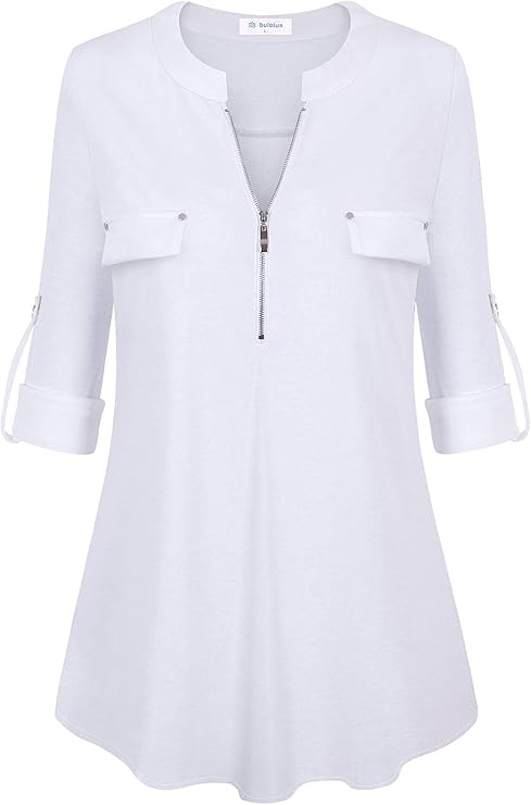 Women's Zip Front V-Neck 3/4 Sleeve Tunic Casual Top