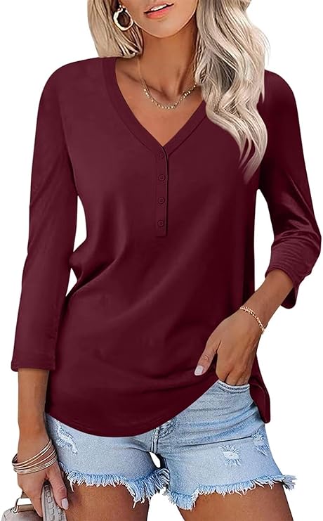 V Neck 3/4 Sleeve Tops Solid Shirts Casual Summer Tees