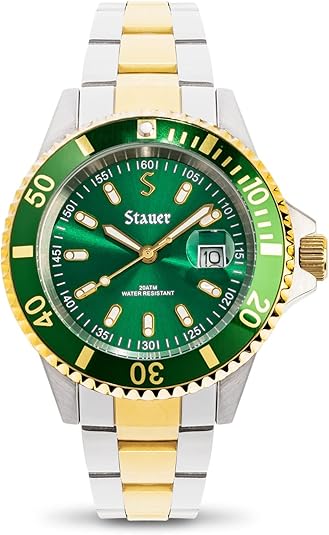 Stauer Watch for Men – Green-Dial Analog Watch w/Two-Tone Stainless Steel Bracelet – 20 ATM Waterproof & Precision Movement Watch