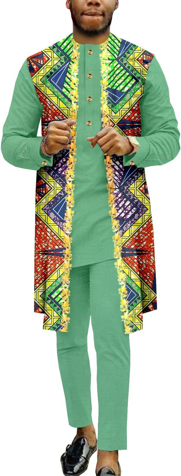 Men Single Breasted Embroidery Print Shirts and Pants 2 Piece Set Outfits