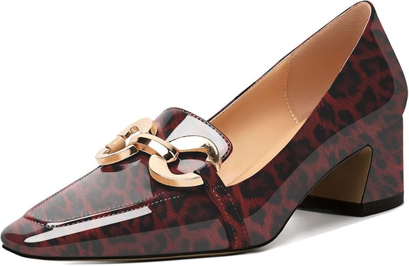 Womens Square Toe Block Heels Mid Chunky Heel Loafer Pumps Slip On Chain Dress Comfortable Prom Shoe