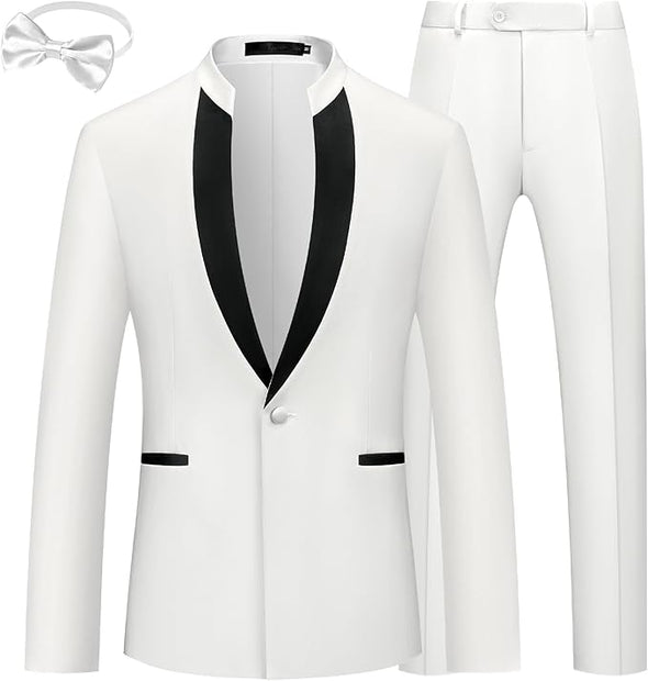 Mens 2 Pieces Tuxedo Standing Collar Slim Fit One Button Color Clashing Design Suit Blazer Jacket and Pants Set