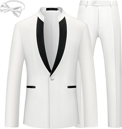 Mens 2 Pieces Tuxedo Standing Collar Slim Fit One Button Color Clashing Design Suit Blazer Jacket and Pants Set
