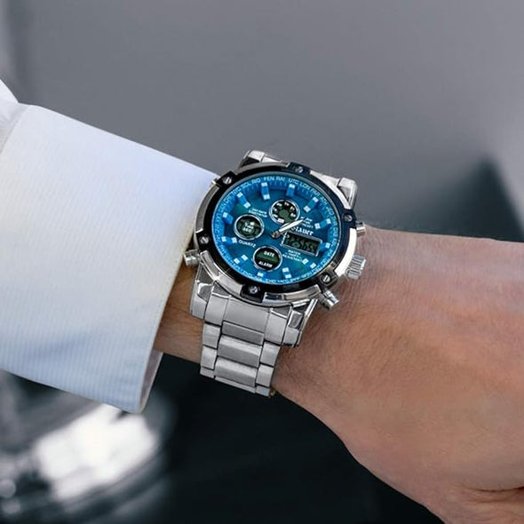 Stauer Blue Stone Stainless Steel Chronograph Watch for Men – Blue-Dial Analog & Digital Watch w/Stainless Steel Bracelet – Dual Time Watch w/Led Subdials – Luxury Gift for Men