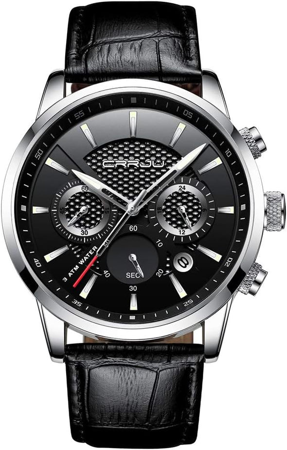 Men's Business Casual Chronograph Quartz Waterproof Wristwatch Black Leather Strap