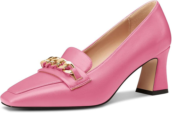 Women Mid Chunky Block Loafers Close Square Toe Slip-on Pumps with Metal Chain Work Casual Pumps 2.8 Inches Heels