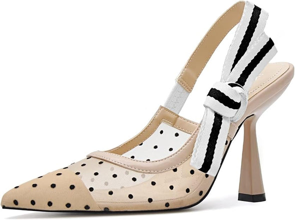 Slingback Heels for Women Closed Pointed Toe High Heels Bowknot Knitted Dress Work Wedding Pumps Shoes