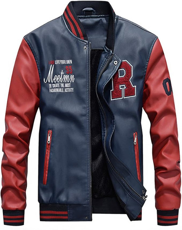 Men's Faux Leather Jacket Casual Baseball Stand Collar Slim Fit Coat