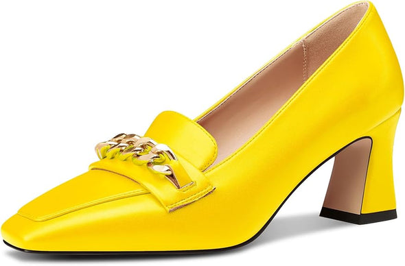 Women Mid Chunky Block Loafers Close Square Toe Slip-on Pumps with Metal Chain Work Casual Pumps 2.8 Inches Heels