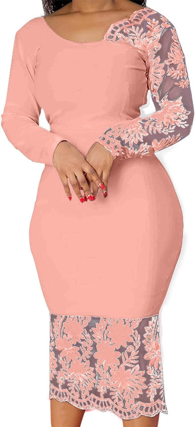 Women Elegant Floral Lace Patchwork Long Sleeve Evening Gown Party Cocktail Bodycon Dress