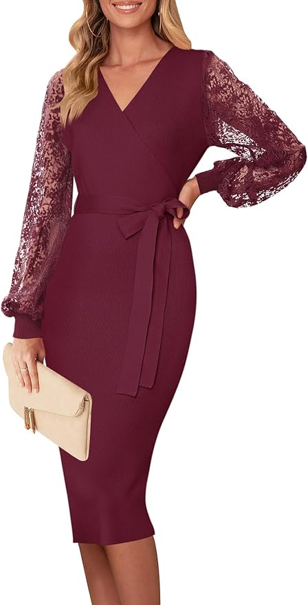 Womens V Neck Lace Long Sleeve Sweater Dress Sexy Wrap Knit Bodycon Midi Dresses with Belt
