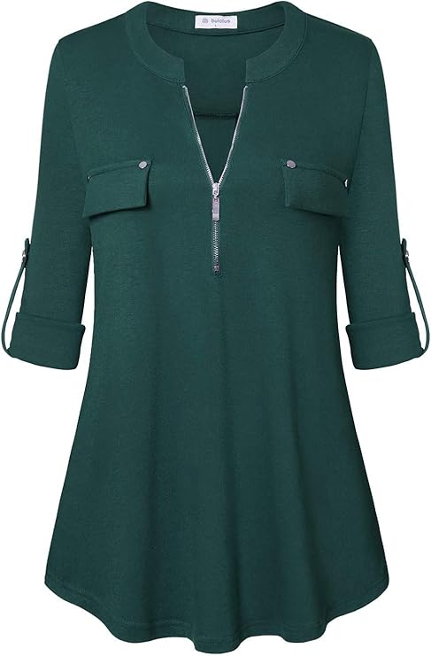 Women's Zip Front V-Neck 3/4 Sleeve Tunic Casual Top