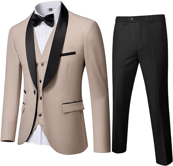 Men's 3 Piece Slim Fit Tuxedo Set, One Button Shawl Collar Solid Jacket Vest Pants with Bow Tie