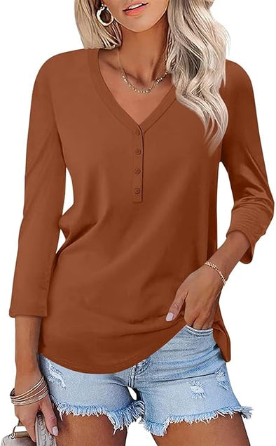V Neck 3/4 Sleeve Tops Solid Shirts Casual Summer Tees