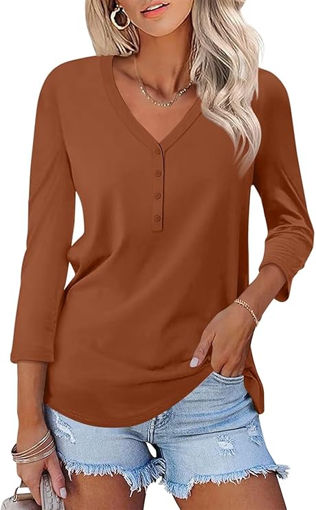 V Neck 3/4 Sleeve Tops Solid Shirts Casual Summer Tees