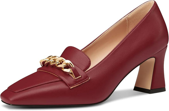 Women Mid Chunky Block Loafers Close Square Toe Slip-on Pumps with Metal Chain Work Casual Pumps 2.8 Inches Heels