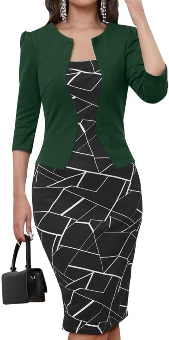 Women's Bodycon Pencil Dresses 3/4 Sleeve Teacher Church Modest Business Wear to Work Outfits Faux Blazer Suiting Dress