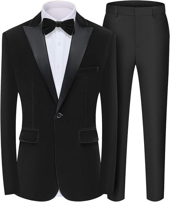 Men's 2 Piece Velvet Suit Peak Lapel One Button Slim Fit Tuxedo Blazer Party Dinner Jacket & Pants
