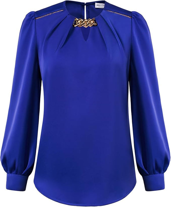 Women's Satin Silk Blouse 2024 Crew Neck Long Sleeve Blouses Elegant Casual Office Work Dressy Shirts Tops