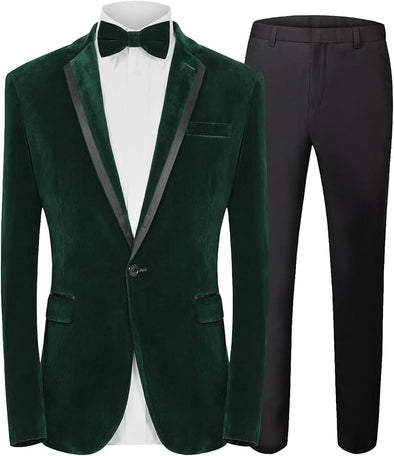 Mens Velvet 2 Piece Suit Spliced Lapel One Button tuxedo blazer with pants