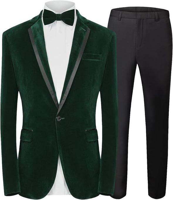 Mens Velvet 2 Piece Suit Spliced Lapel One Button tuxedo blazer with pants