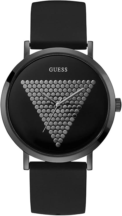 GUESS Iconic Studded Black and Gold-Tone Logo Silicone Watch.