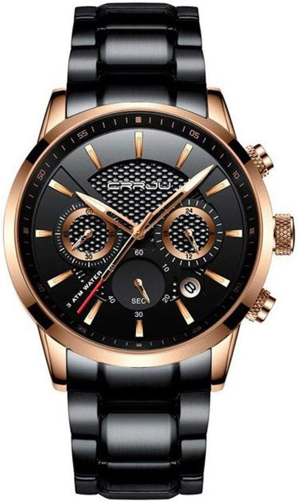 Men's Business Casual Chronograph Quartz Waterproof Wristwatch Black Leather Strap