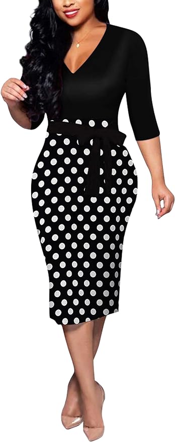 Women's Bodycon Work Pencil Dress Colorblock Back Zipper Office Business Dresses