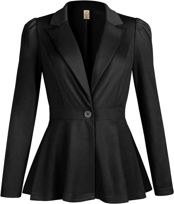 Women's Business Casual Blazer Jackets Dressy Puff Sleeve Single Button Peplum Comfy Work Office Blazers