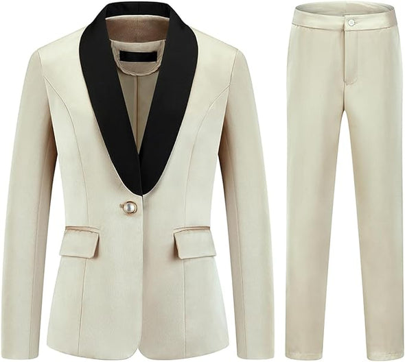Women's 2 Piece Business Suit Set One Button Solid Color Blazer Trouser Suit