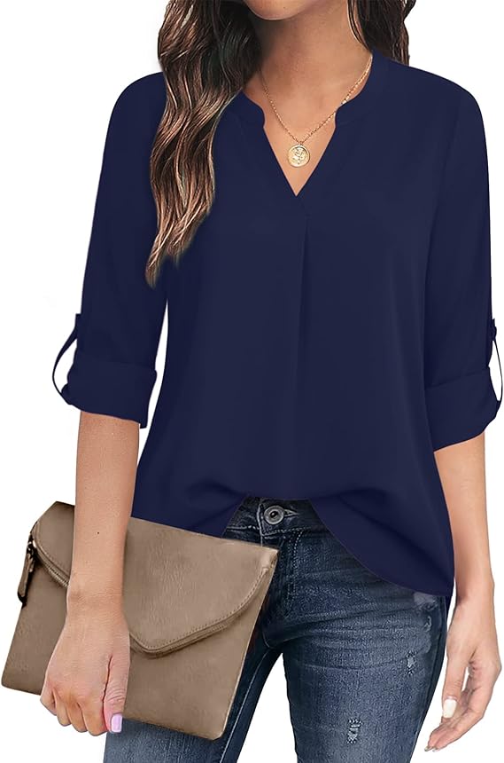 Women's Casual Chiffon V Neck 3/4 Sleeve Blouse Tops