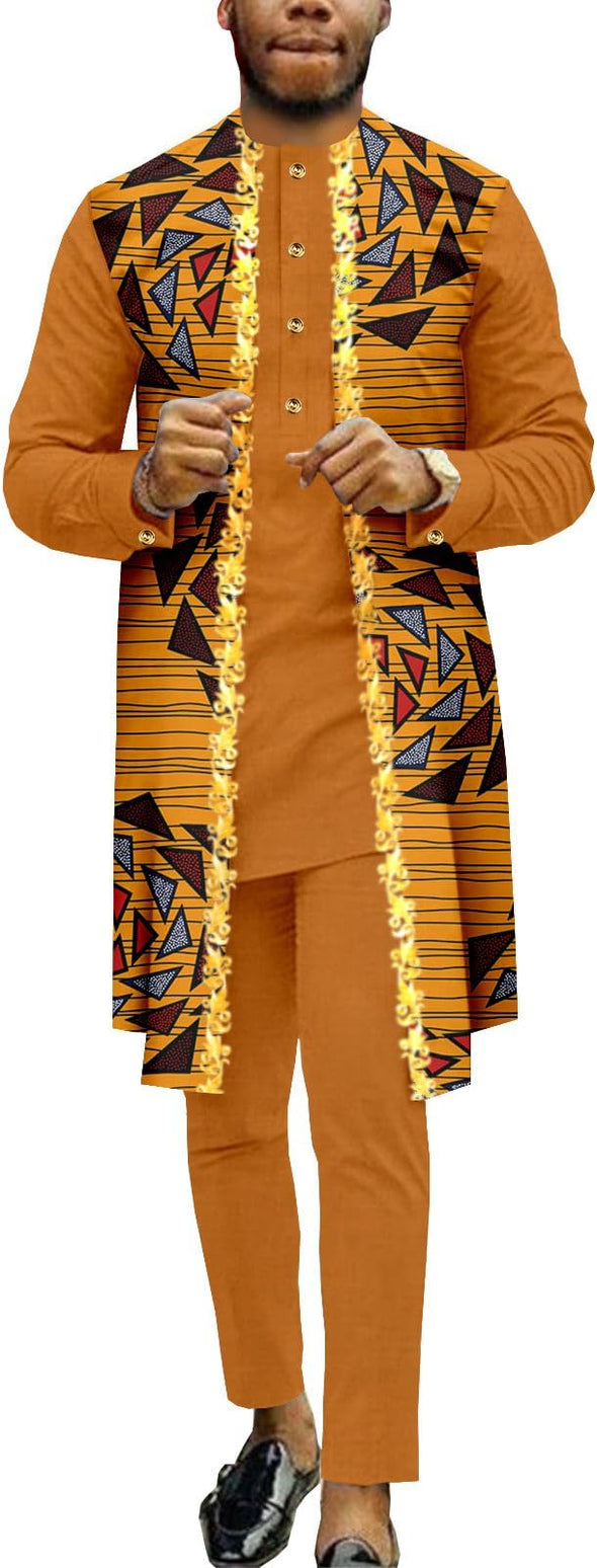 Men Single Breasted Embroidery Print Shirts and Pants 2 Piece Set Outfits