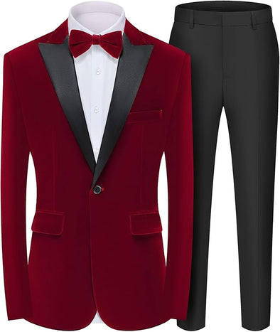 Men's 2 Piece Velvet Suit Peak Lapel One Button Slim Fit Tuxedo Blazer Party Dinner Jacket & Pants