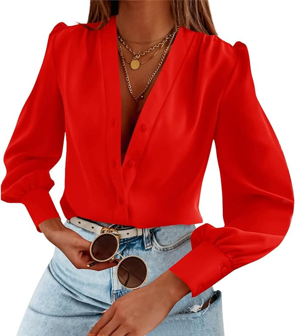 Women's Business Casual Tops Summer Long Sleeve Silk Button Down Shirts V Neck Chiffon Blouses…