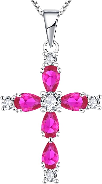 Gemstone Cross Necklace 925 Sterling Silver Created Sapphire/Ruby/Emerald/Amethyst Religious Pendant 18K White Gold Jewelry